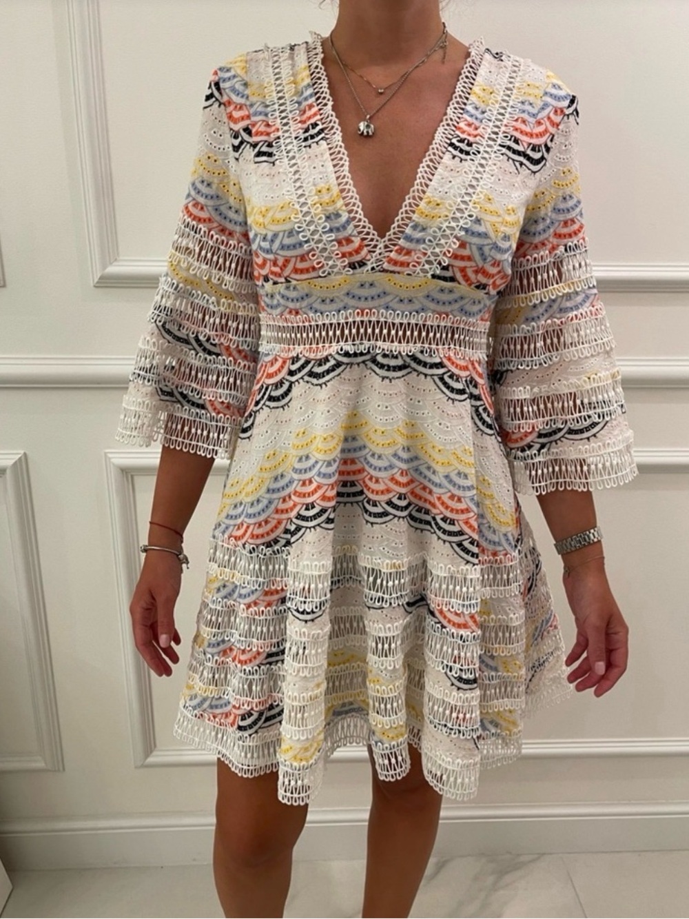 70/21 White Crochet Mini Dress with Pastel Multicolor Accents